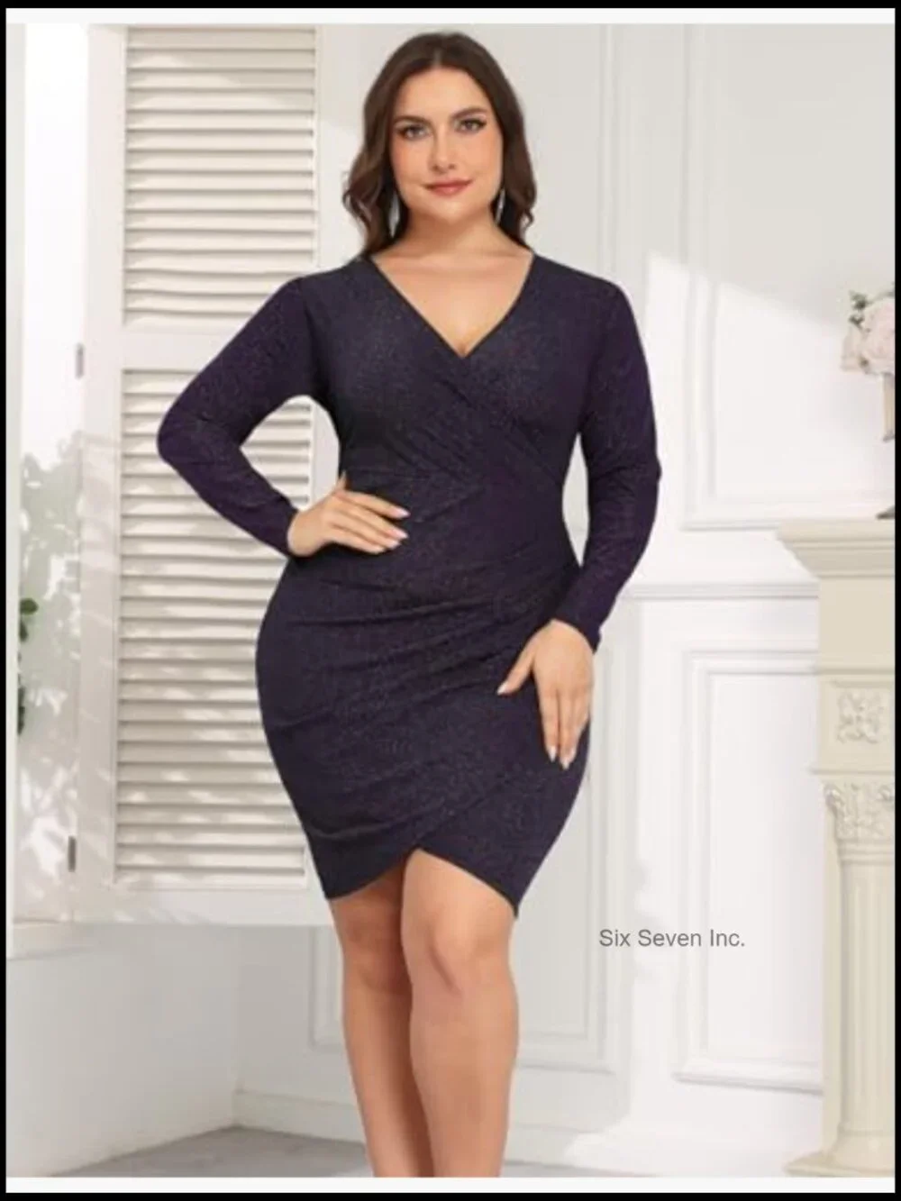 Plus Size Sparkle Sequin Ruched Bodycon Mini Wrap Dress Ruffle Sleeve Party - Picture 5 of 6